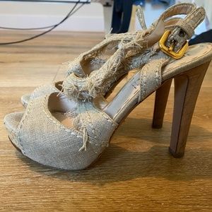 Prada Beige Platform Frayed Canvas Heels